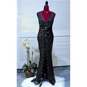 City Goddess London Women's Black Gold Sequin Maxi Dress With V-Neck Sz 6 2575